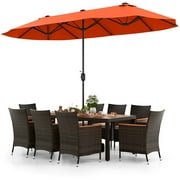 Costway 11 PCS Patio Wicker Dining Set with Double-Sided Outdoor Umbrella 8 Chairs Orange