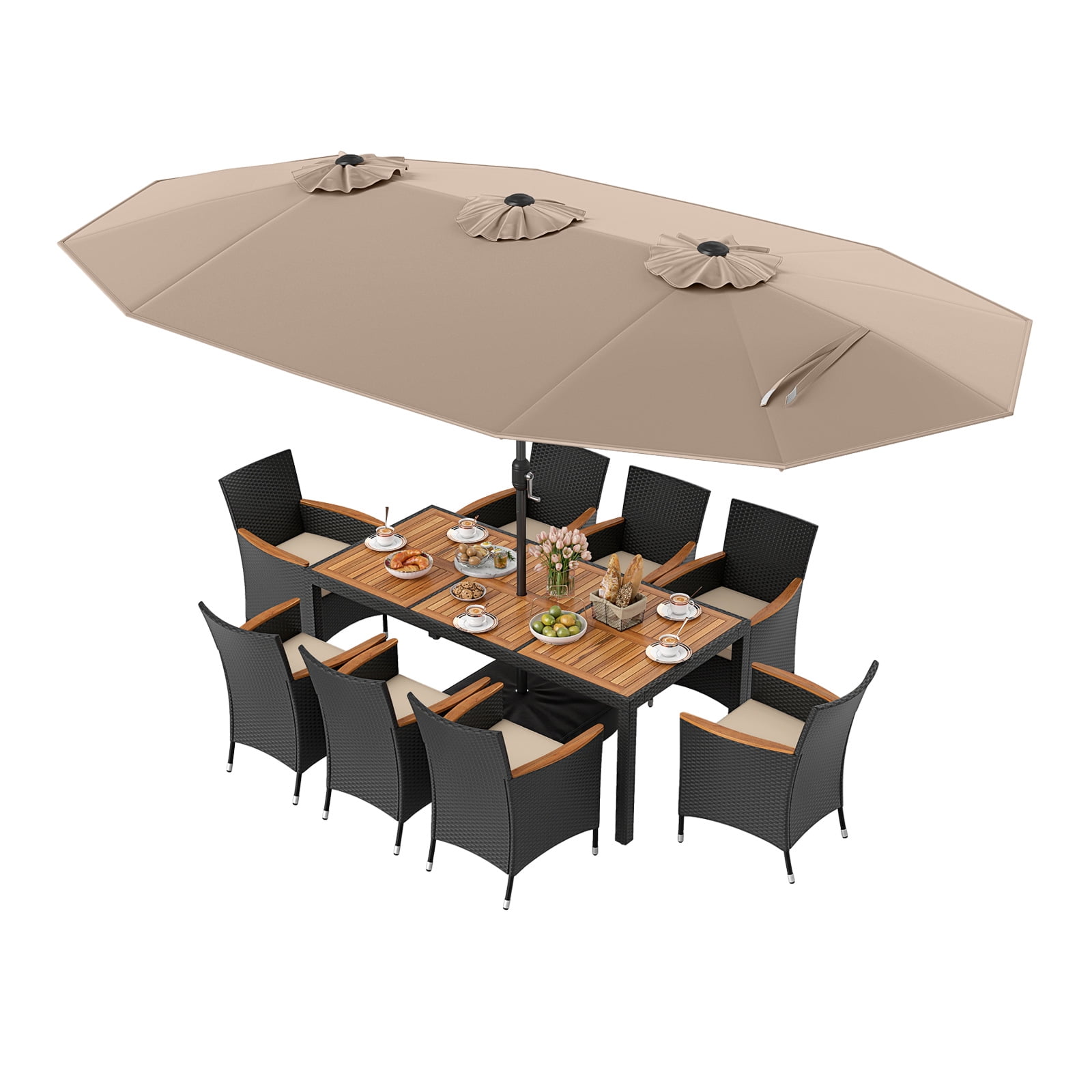 Costway 11 PCS Patio Wicker Dining Set with Double-Sided Outdoor Umbrella 8 Stackable Chairs