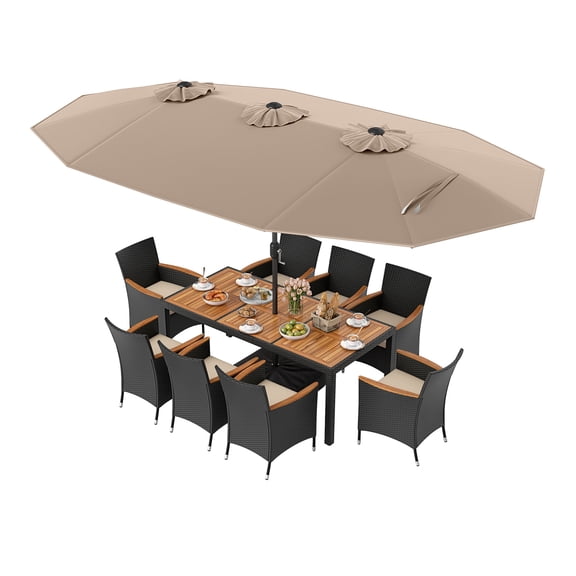 Costway 11 PCS Patio Wicker Dining Set with Double-Sided Outdoor Umbrella 8 Stackable Chairs