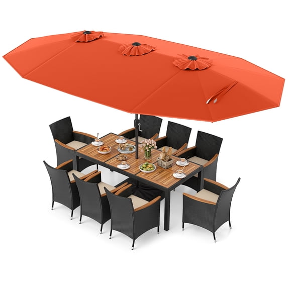 Costway 11 PCS Patio Wicker Dining Set with Double-Sided Outdoor Umbrella 8 Stackable Chairs