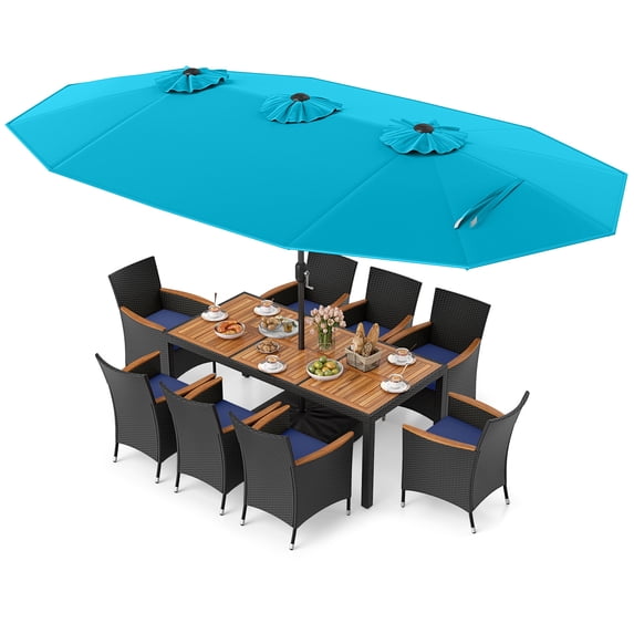 Costway 11 PCS Patio Wicker Dining Set with Double-Sided Outdoor Umbrella 8 Stackable Chairs