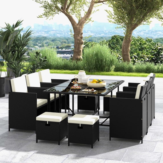 Costway 11 Pieces Patio Dining Set Space-saving Wicker Chairs & Tempered Glass Table