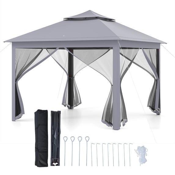 Costway 11 ft × 11 ft Pop up Gazebo with Mesh Netting Sidewalls, Vented Top, Drainage Holes Gray