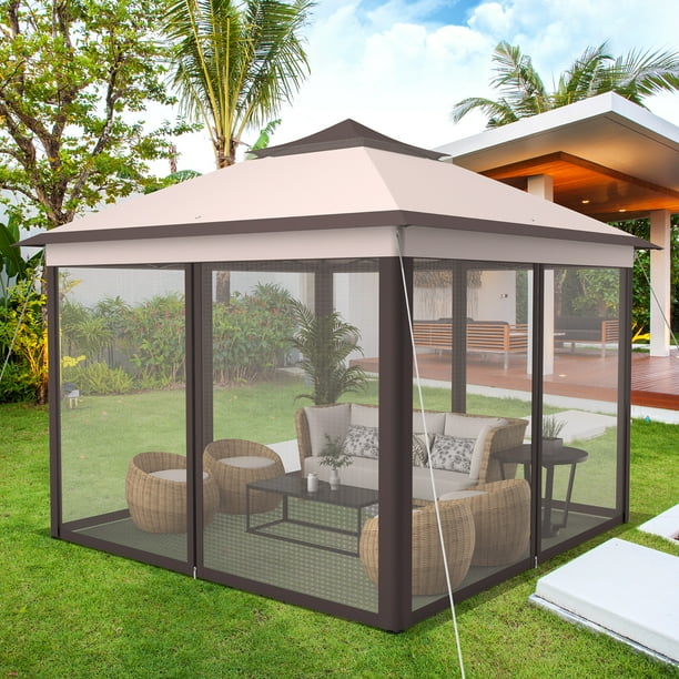 Outsunny 11x11 Ft 2-Tier Pop Up Gazebo – Portable Party Tent With Netting – Beige