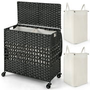 Costway 110L Laundry Hamper with Wheels Clothes Basket Lid & Handle & 2 Liner Bags Black
