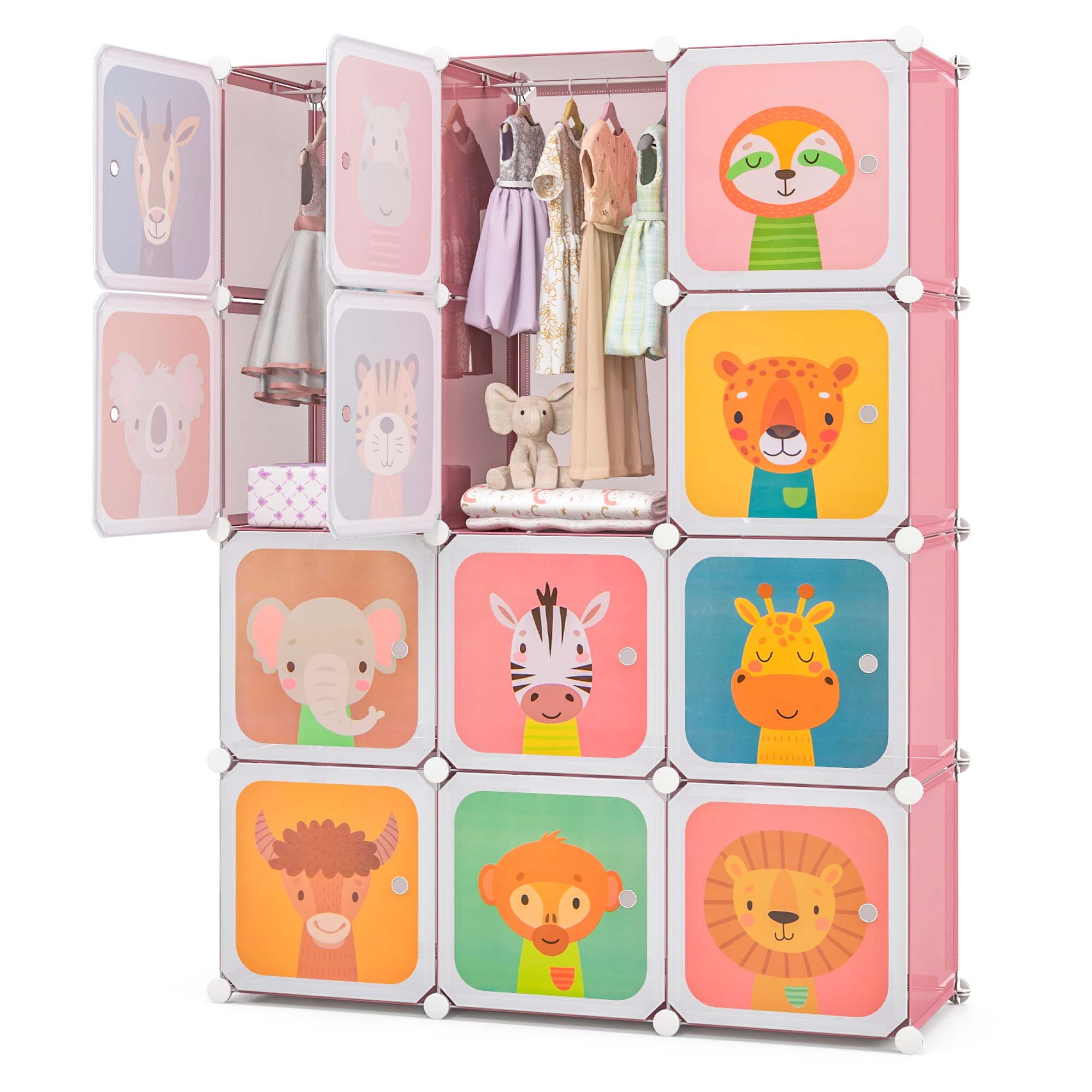 Costway 12-Cube Kids Wardrobe Baby Dresser Bedroom Armoire Clothes Hanging  Closet with Door Pink 