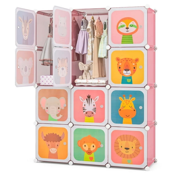 Costway 12-Cube Kids Wardrobe Baby Dresser Bedroom Armoire Clothes Hanging Closet with Door Pink