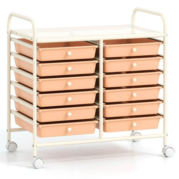 Costway 12 Drawers Rolling Cart Storage Scrapbook Paper Studio Organizer Bins Light Pink