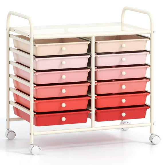 Costway 12 Drawers Rolling Cart Storage Scrapbook Paper Studio Organizer Bins Pink