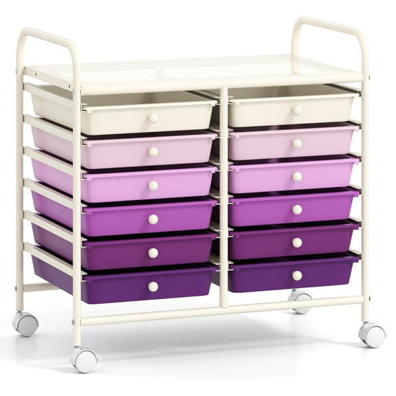 Costway 12 Drawers Rolling Cart Storage Scrapbook Paper Studio Organizer Bins Purple