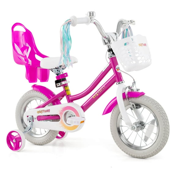 Costway 12 Inch Kids Bike with Training Wheels Doll Seat Basket Streamers Hand Brake Pink