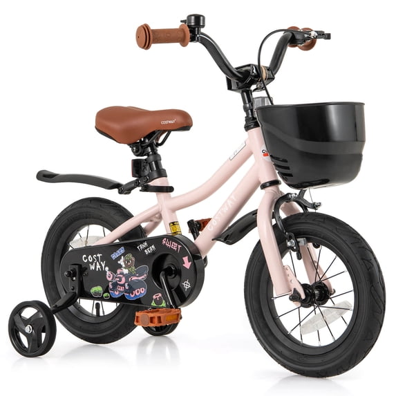 Costway 12" Kid’s Bike with Training Wheels Adjustable Handlebar & Seat Handbrake Pink