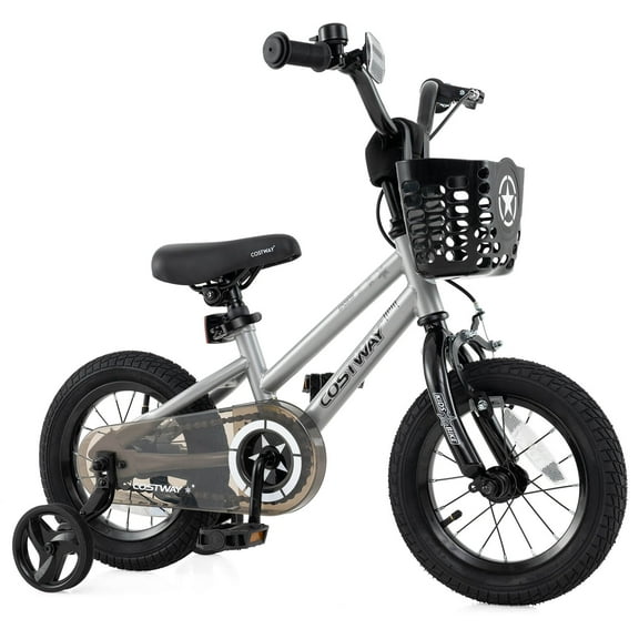 Costway 12" Kid’s Bike with Training Wheels Adjustable Handlebar & Seat Handbrake Silver