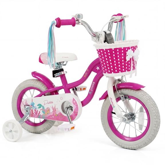 Costway 12" Kids Bike with Training Wheels Hand Coaster Brakes Adjustable Seat Handlebar Rose Red