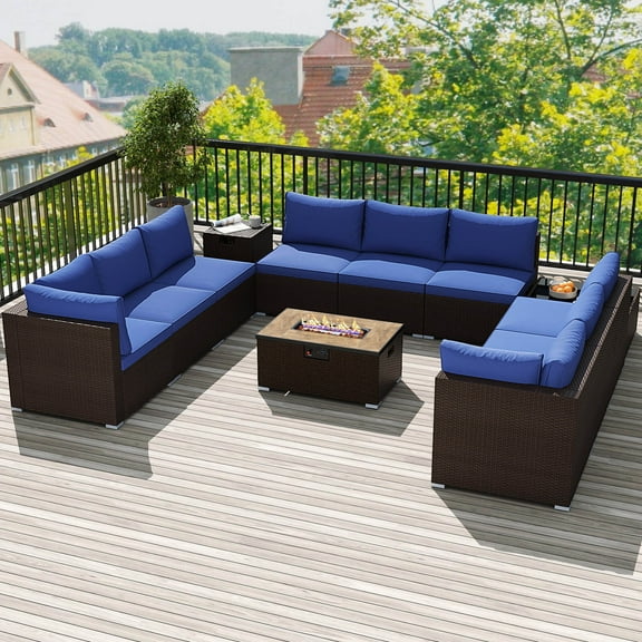 Costway 12 PCS Patio Wicker Sectional Sofa Set with 32” Propane Fire Pit Table Tank Holder Navy