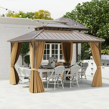 Costway 12 X 10 FT Hardtop Gazebo with  Netting Heavy-Duty Double-Roof Galvanized Metal Top