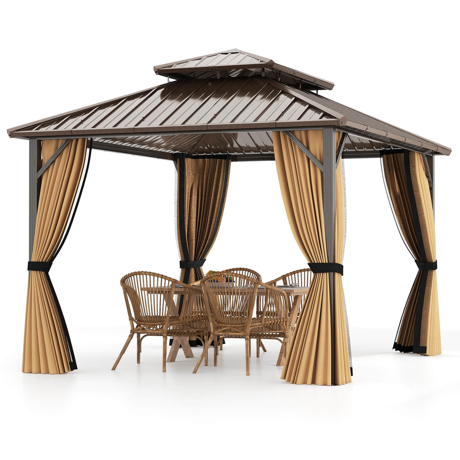Costway 12 x 10 FT Hardtop Gazebo with Netting Heavy-Duty Double-Roof Galvanized Metal Top