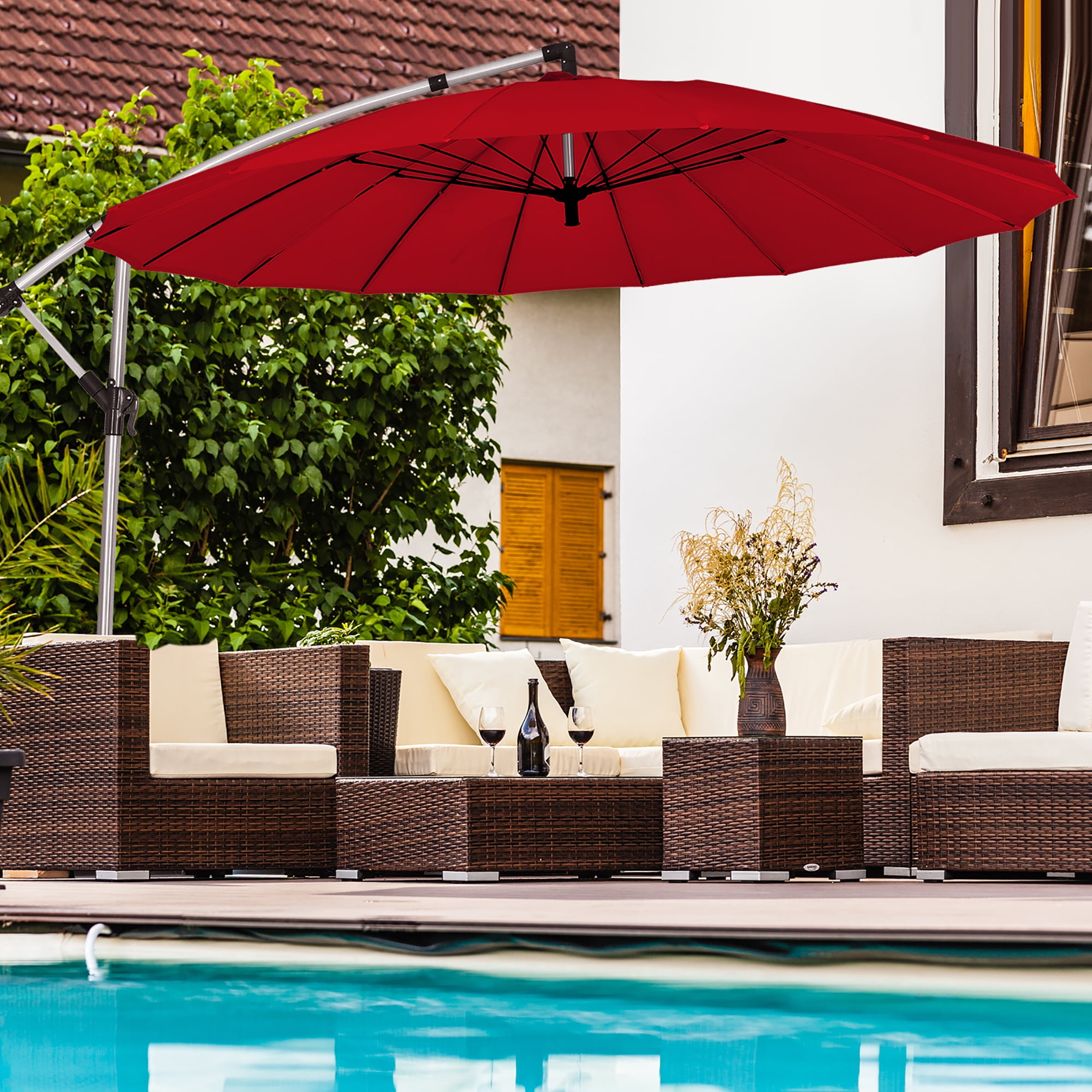 Costway 120" Burgundy Market Patio Umbrella, Water-Resistant