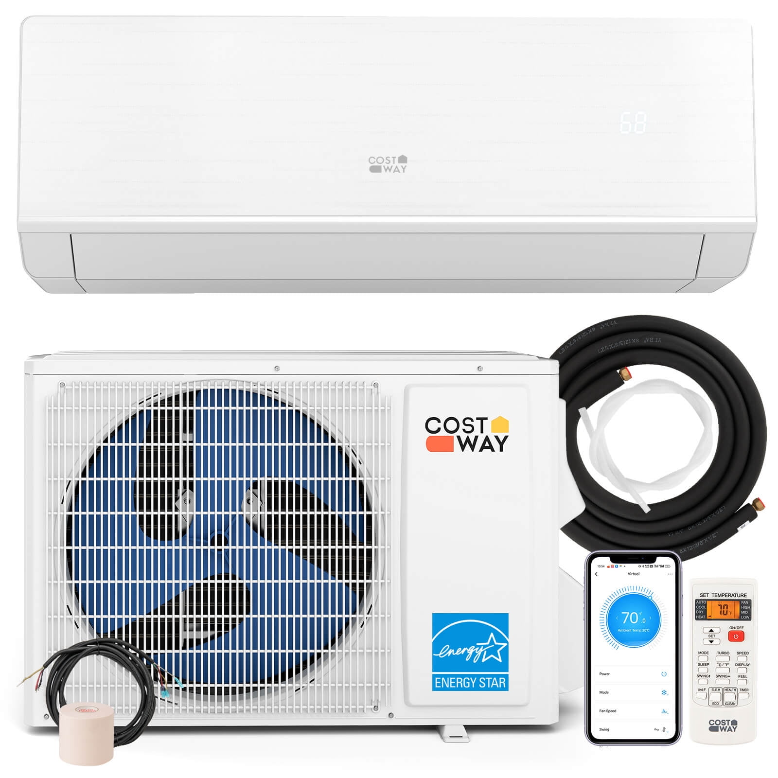 Costway 12000 BTU 115V Mini Split Air Conditioner & Heater with 1 Ton Heat Pump Installation Kit