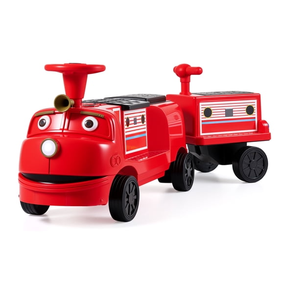 Costway 12V Battery Powered Ride on Train, Trackless Kids Ride on Toy with Storage Space Red & Black