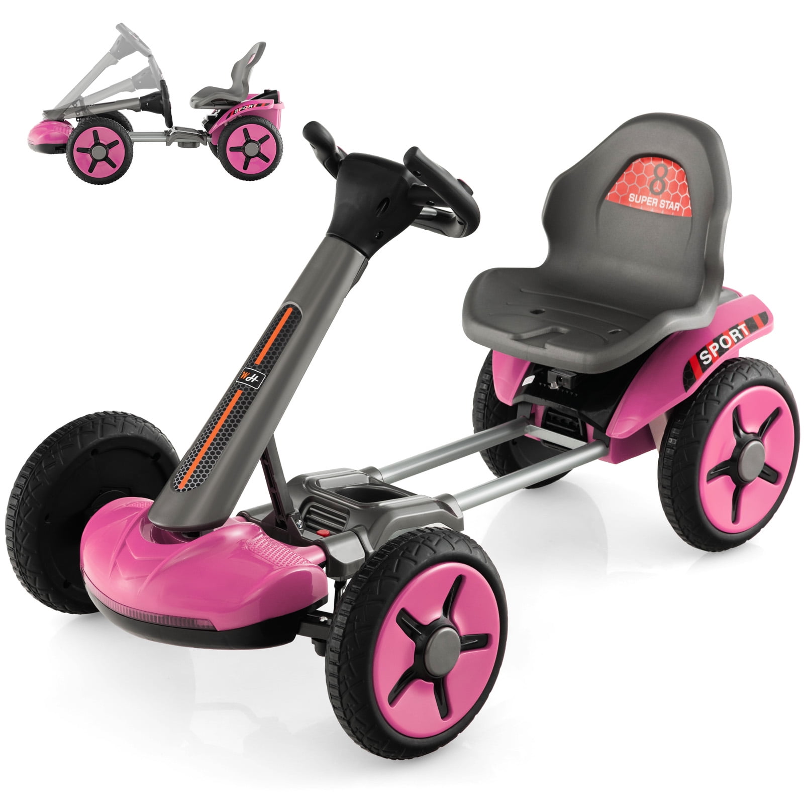 Costway 12V Kids Electric Go Kart Foldable Quad Racing Ride on Toy Car with Flashing Light Pink