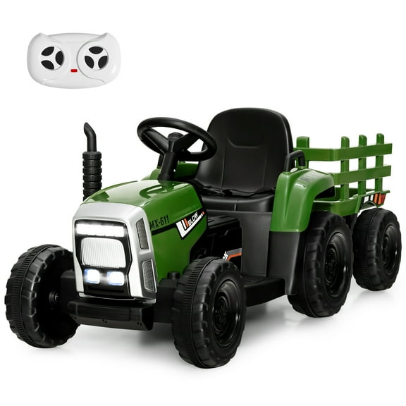 Costway 12V Kids Ride On Tractor with Trailer Ground Loader w/ RC & Lights Dark Green