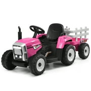 Costway 12V Kids Ride On Tractor with Trailer Ground Loader w/ RC & Lights Pink