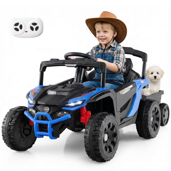 Costway 12V Kids Ride On UTV with Detachable Trailer, Remote Control, 3 Speeds, LED Lights Black + Blue