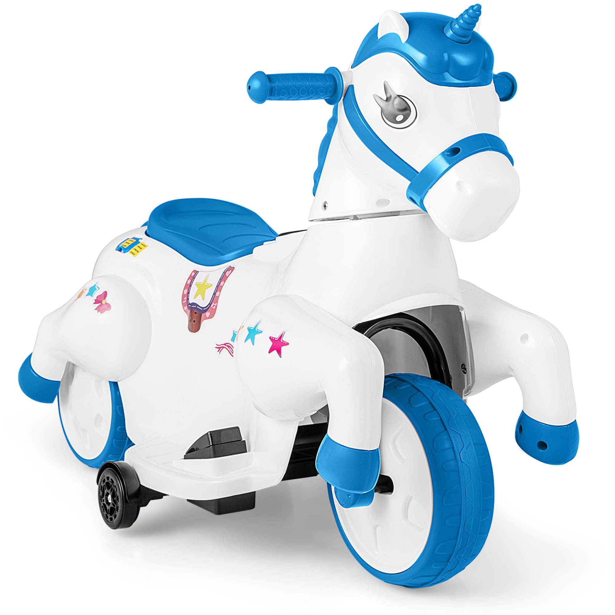 Costway 12V Kids Ride on Unicorn Toy with Training Wheels Music One-button Start Horse Toy Blue