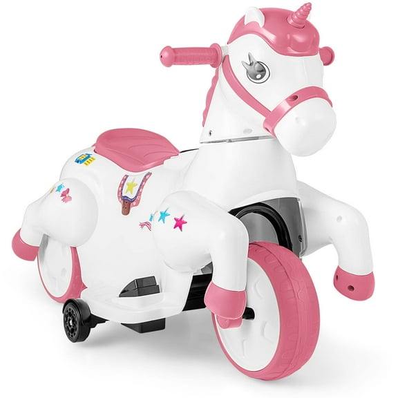 Costway 12V Kids Ride on Unicorn Toy with Training Wheels Music One-button Start Horse Toy Pink