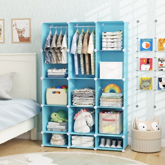Costway 13-Cube Modular Baby Wardrobe Closet with Hanging Rods & Open Shelves for Clothes Blue