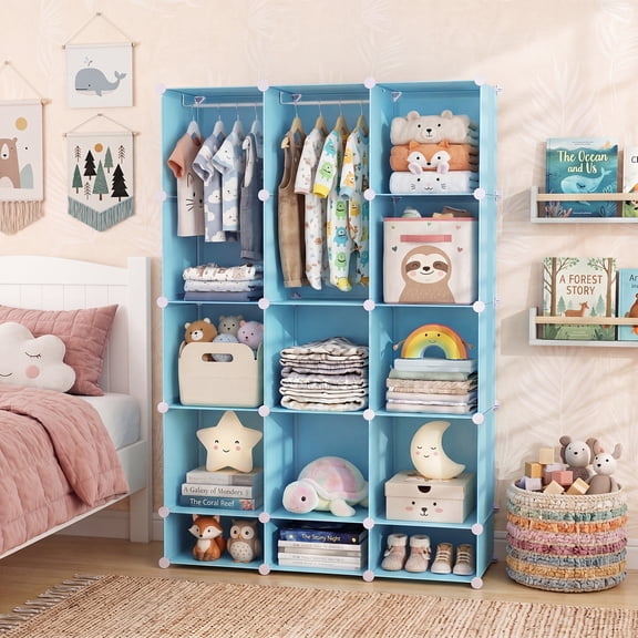 Costway 13-Cube Modular Baby Wardrobe Closet with Hanging Rods & Open Shelves for Clothes Blue