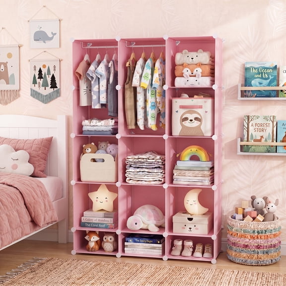 Costway 13-Cube Modular Baby Wardrobe Closet with Hanging Rods & Open Shelves for Clothes Pink