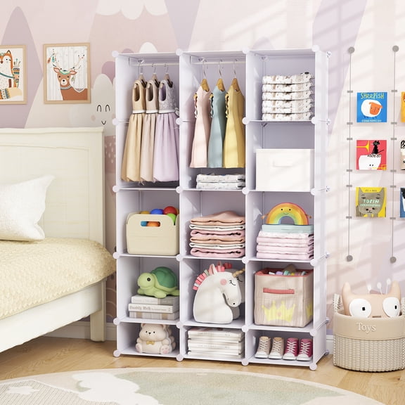 Costway 13-Cube Modular Baby Wardrobe Closet with Hanging Rods & Open Shelves for Clothes White