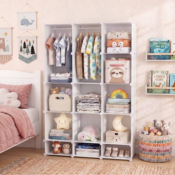Costway 13-Cube Modular Baby Wardrobe Closet with Hanging Rods & Open Shelves for Clothes White