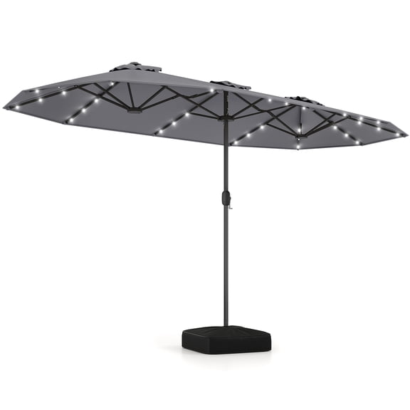 Costway 13FT Double-sided Patio Umbrella with Solar Lights Crank Handle Umbrella Base Grey