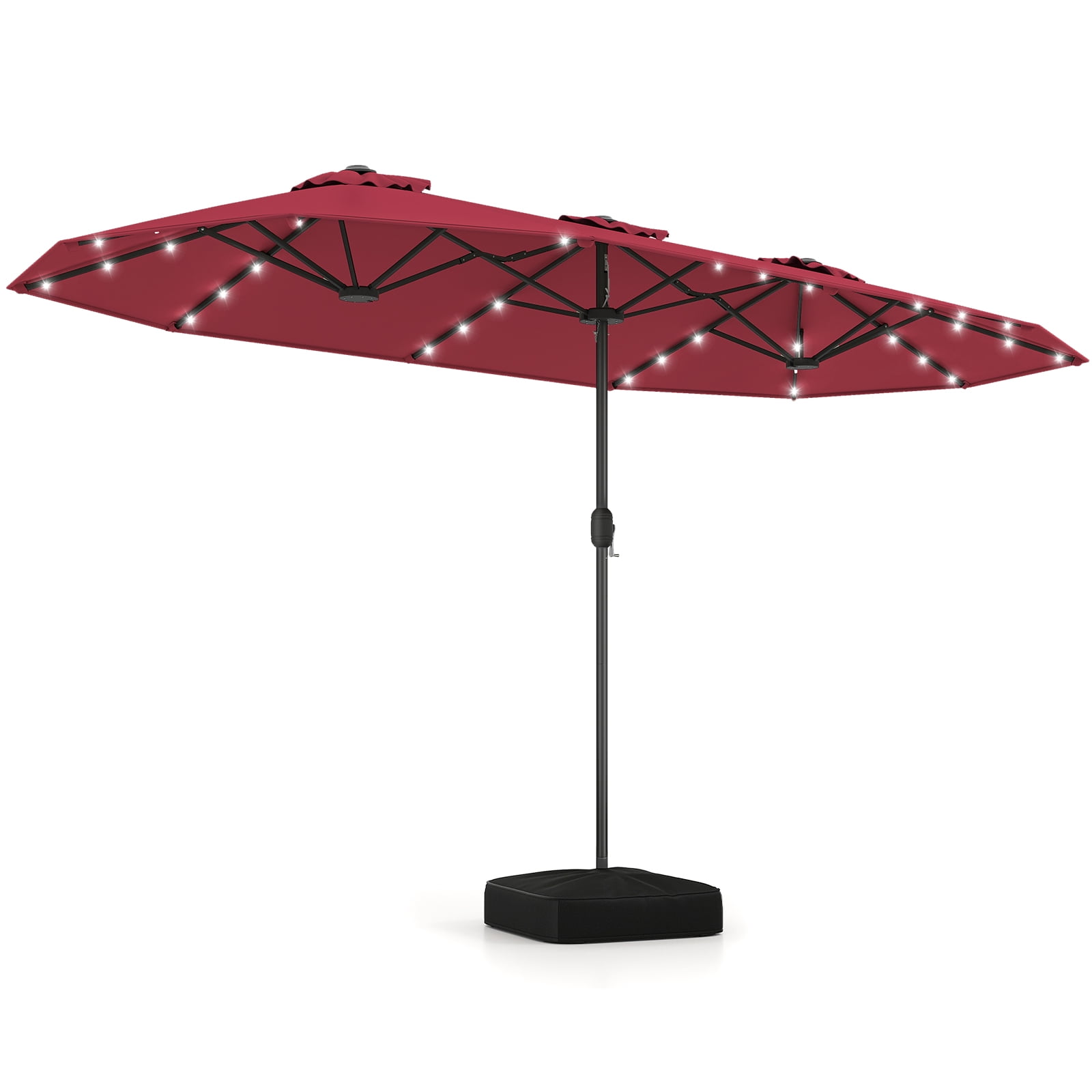 Costway 13FT Double-sided Patio Umbrella with Solar Lights Crank Handle Umbrella Base Wine