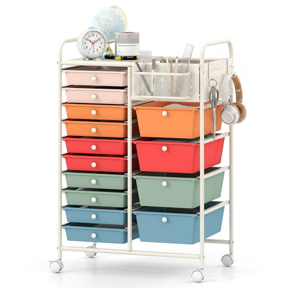 Costway 14-Drawer Art & Craft Storage Carts with Pegboard, 2 Locking Brakes, Metal Frame for Home Macaron+White