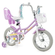 Costway 14 Inch Kids Bike with Training Wheels Doll Seat Basket Streamers Hand Brake Purple