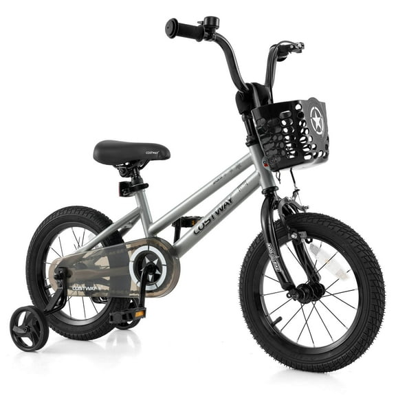 Costway 14" Kid’s Bike with Training Wheels Adjustable Handlebar & Seat Handbrake Silver
