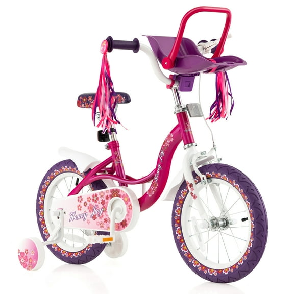 Costway 14'' Kids Bike with Doll Seat Girls Bicycle with Training Wheels for 3-5 Years Old Girl