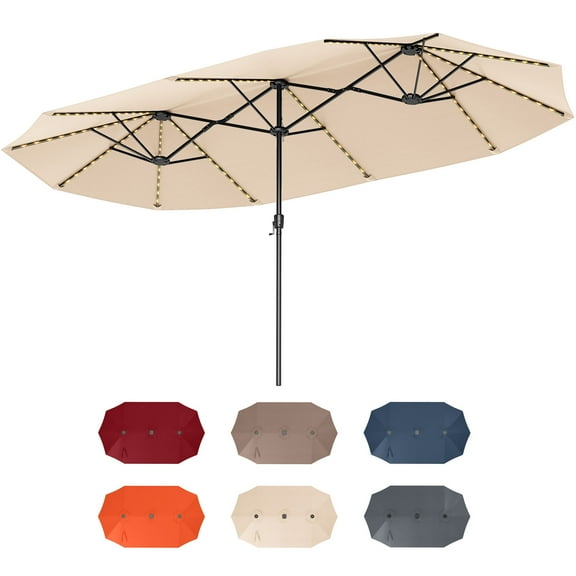 Costway 15.5 FT Extra-Large Patio Umbrella with LED Solar Lights & 12 Heavy-Duty Ribs Beige