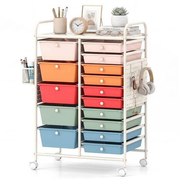Costway 15-Drawer Rolling Cart with Pegboard, Mobile Utility Organizer on Wheels with 2 Brakes Macaron+White