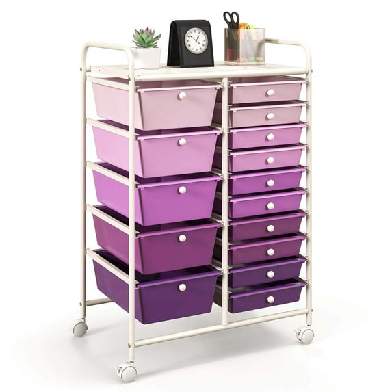 Costway 15 Drawer Rolling Organizer Cart Utility Storage Tools Scrapbook Paper Multi-Use Purple