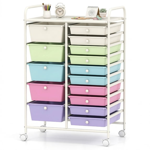Costway 15-Drawer Art & Craft Rolling Storage Cart Mobile Cart wirh Colorful Drawers & Metal Frame Icecream Multicolor
