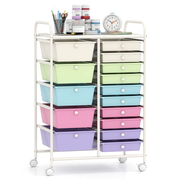Costway 15-Drawer Art & Craft Rolling Storage Cart Mobile Cart wirh Colorful Drawers & Metal Frame Icecream Multicolor