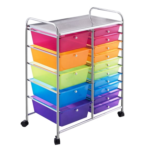 Costway 15-Drawer Rolling Storage Cart Mobile Organizer with Lockable Wheels Rainbow