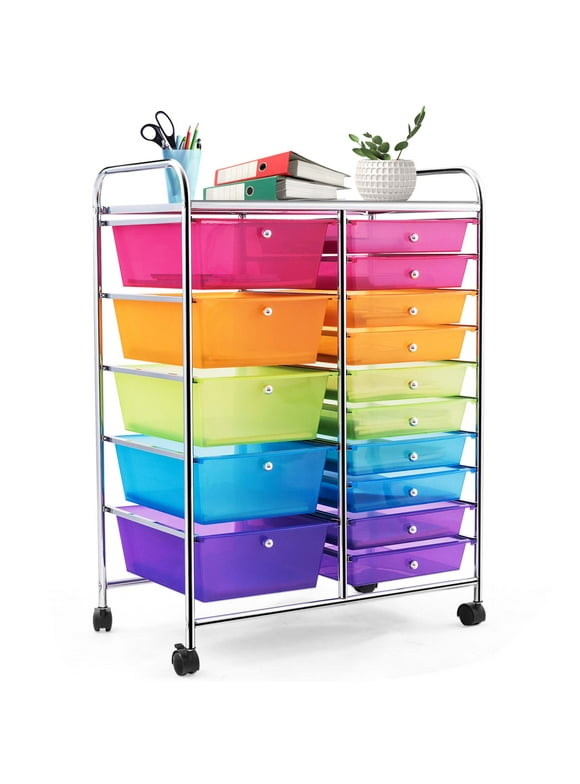 Costway 15 Drawer Rolling Storage Cart Tools Scrapbook Paper Office School Organizer Colorful