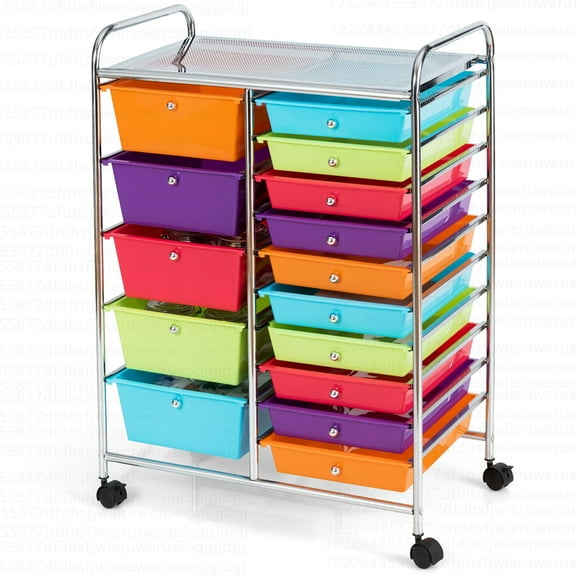 Costway 15 Drawer Rolling Storage Cart Tools Scrapbook Paper Office School Organizer Multi-Color
