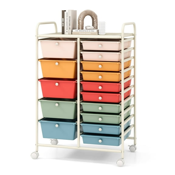 Costway 15 Drawer Rolling Storage Cart Tools Scrapbook Paper Office School Organizer Multicolored